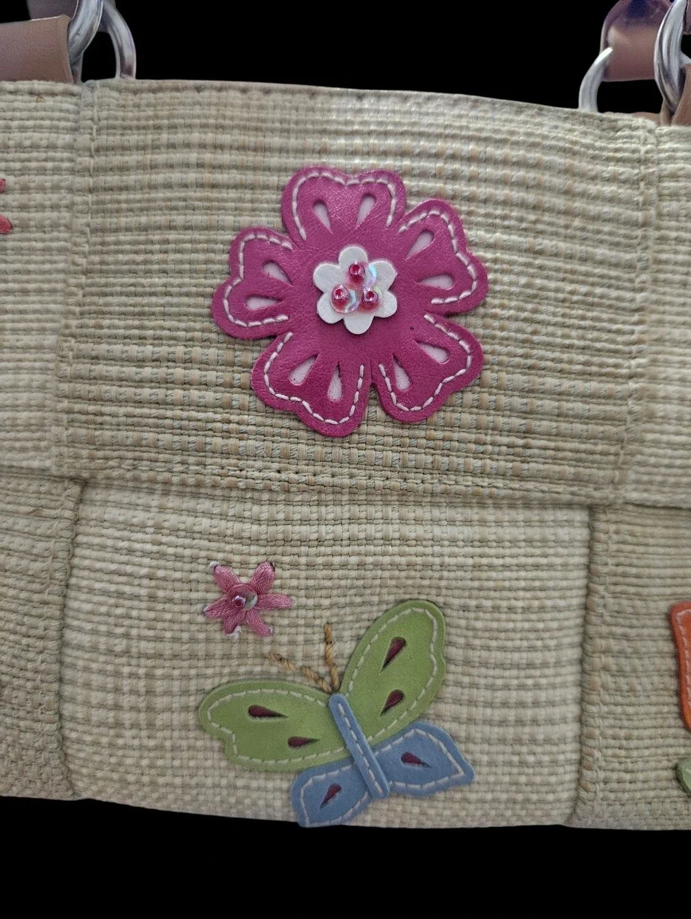 Woven Natural Straw Look Handbag Butterfly Flowers Bee Dragon Fly Beaded Accents